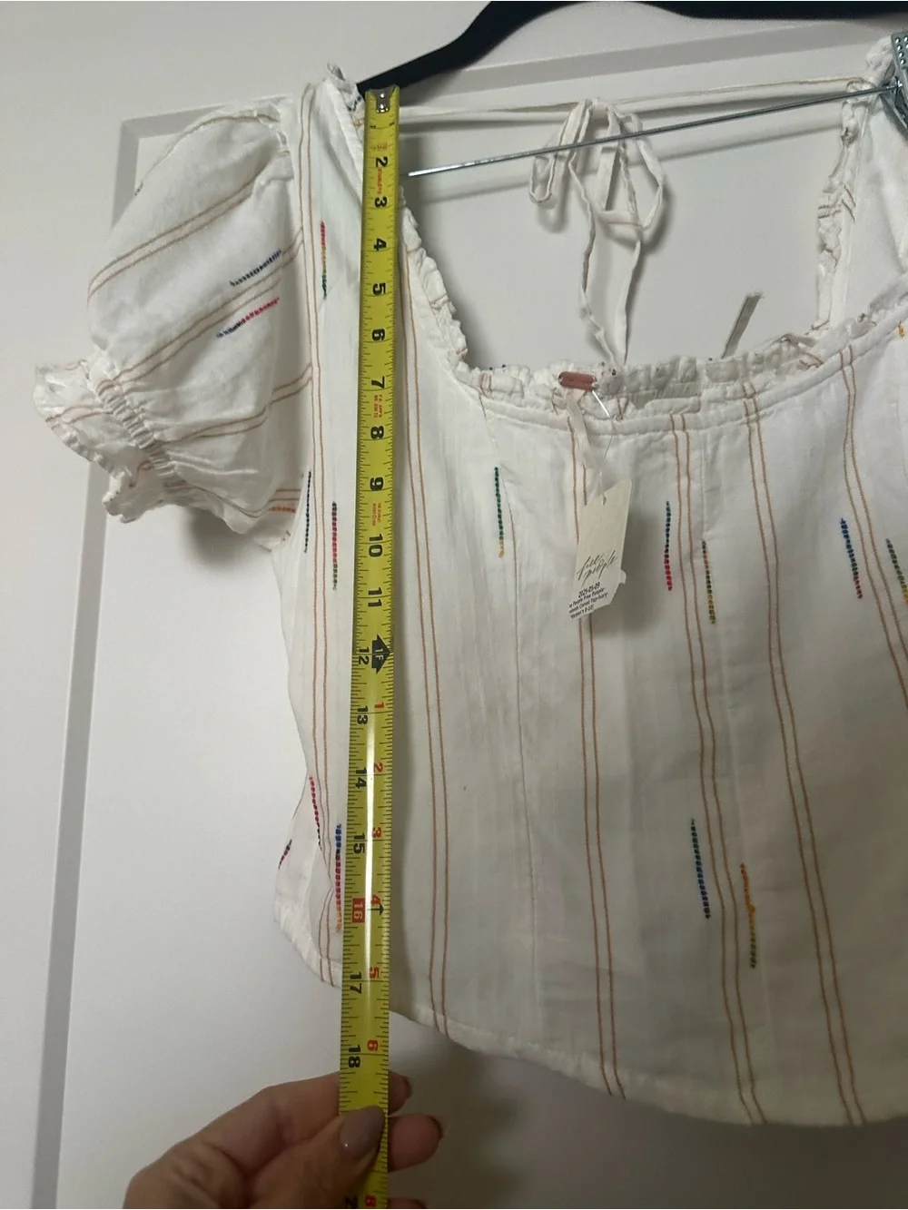 Free People Cream Peasant Top with Multi-Color Stripe Embroidery